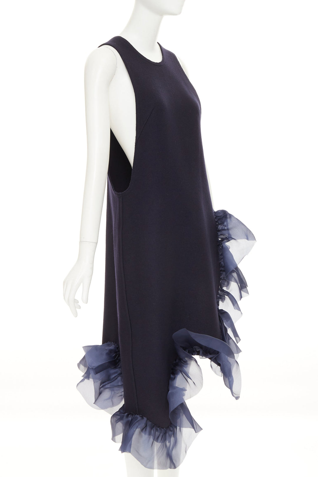 ROBERTS WOOD navy wool felt silk ruffle asymmetric shift dress S