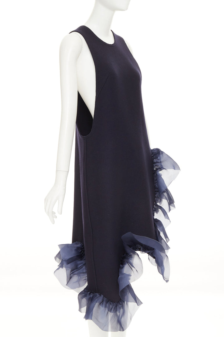 ROBERTS WOOD navy wool felt silk ruffle asymmetric shift dress S