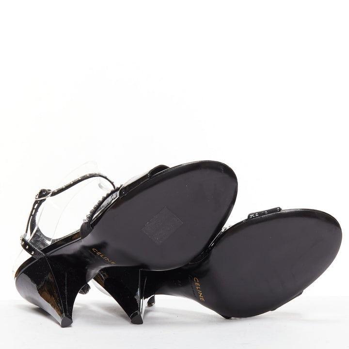 CELINE Hedi Slimane black patent leather silver crystals sandal heels EU38