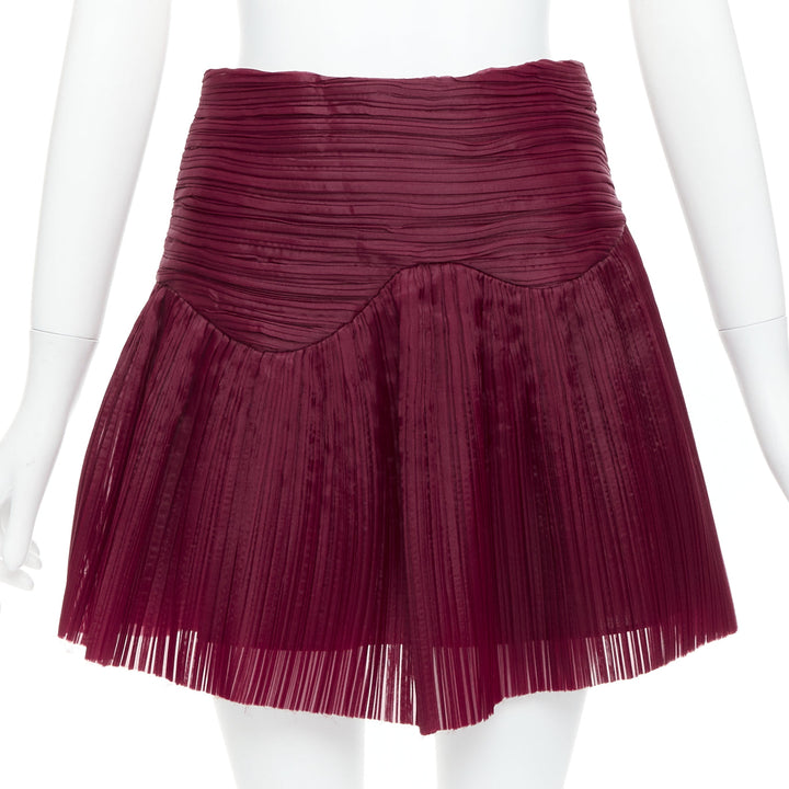 AJE Laurier Wave burgundy plisse organza high waist mini skirt UK6 XS
