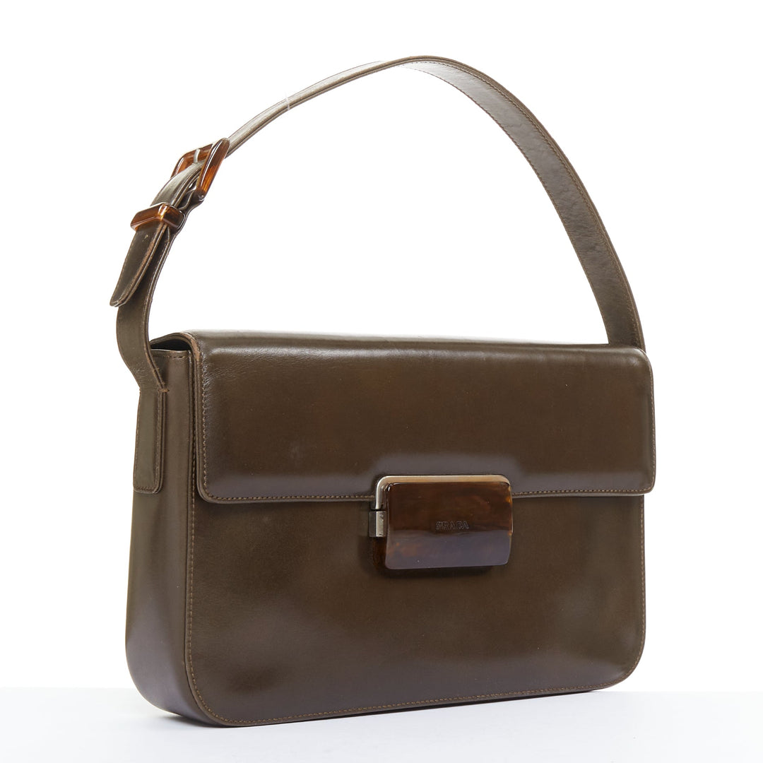 PRADA Vintage dark brown leather acrylic logo buckle flap bag
