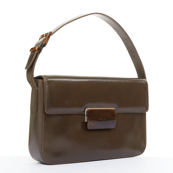 PRADA Vintage dark brown leather acrylic logo buckle flap bag