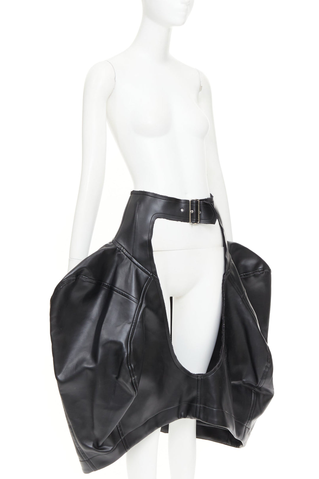 rare COMME DES GARCONS 2019 Runway black pleather cutout chaps pannier skirt M