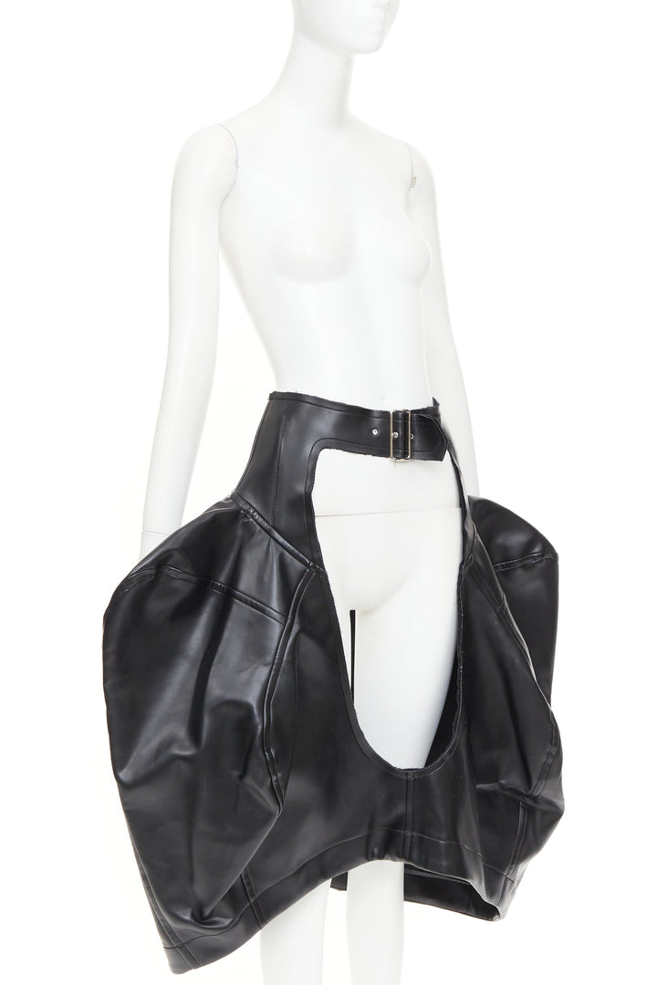 rare COMME DES GARCONS 2019 Runway black pleather cutout chaps pannier skirt M