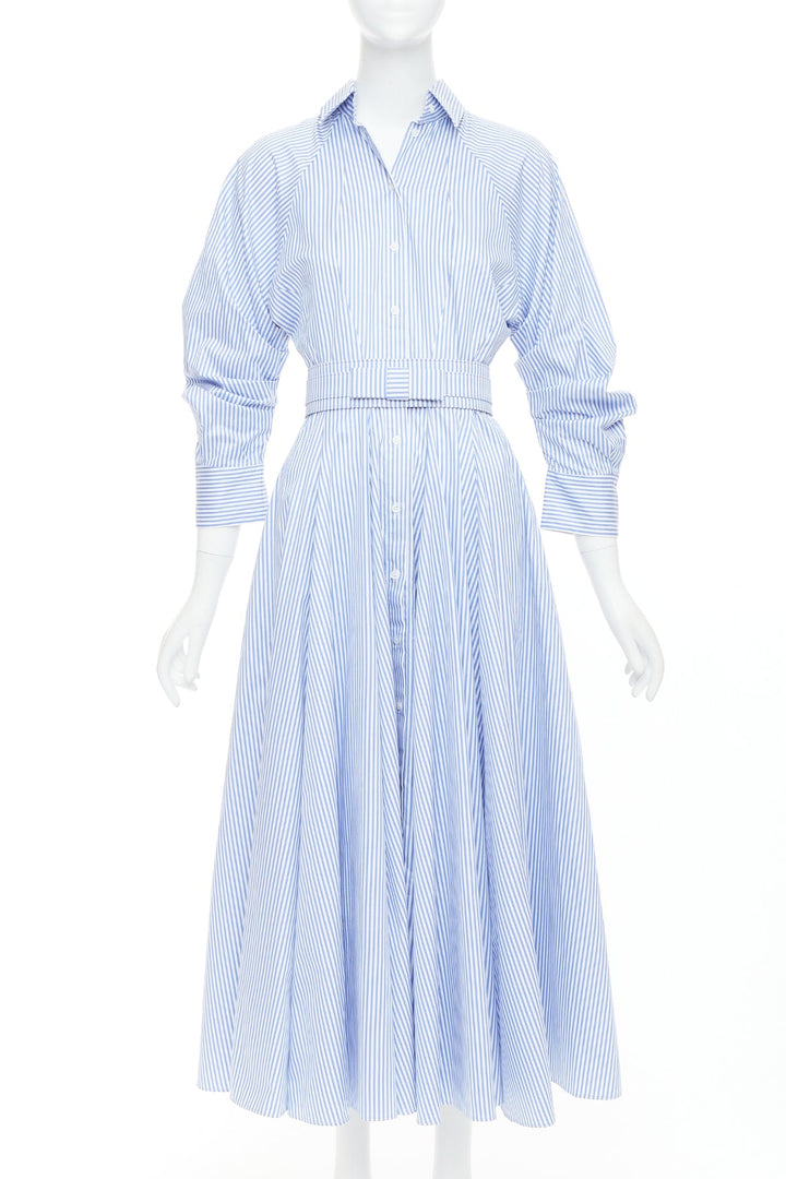 BRANDON MAXWELL blue white striped cotton twill belted midi shirt dress US0 XS