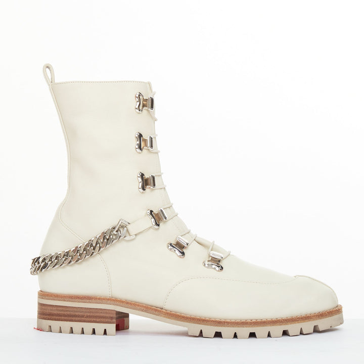 CHRISTIAN LOUBOUTIN Horse Guarda beige calf leather chain combat boots EU38