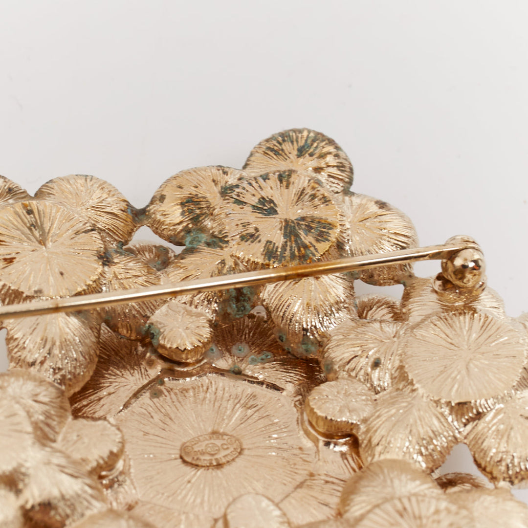 CHANEL B16C gold tone CC faux pearl embellished floral octogon medallion brooch