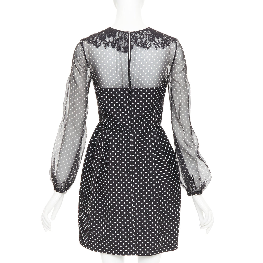 VALENTINO black white wool silk crepe polka dot lace overlay pleat dress IT40 S