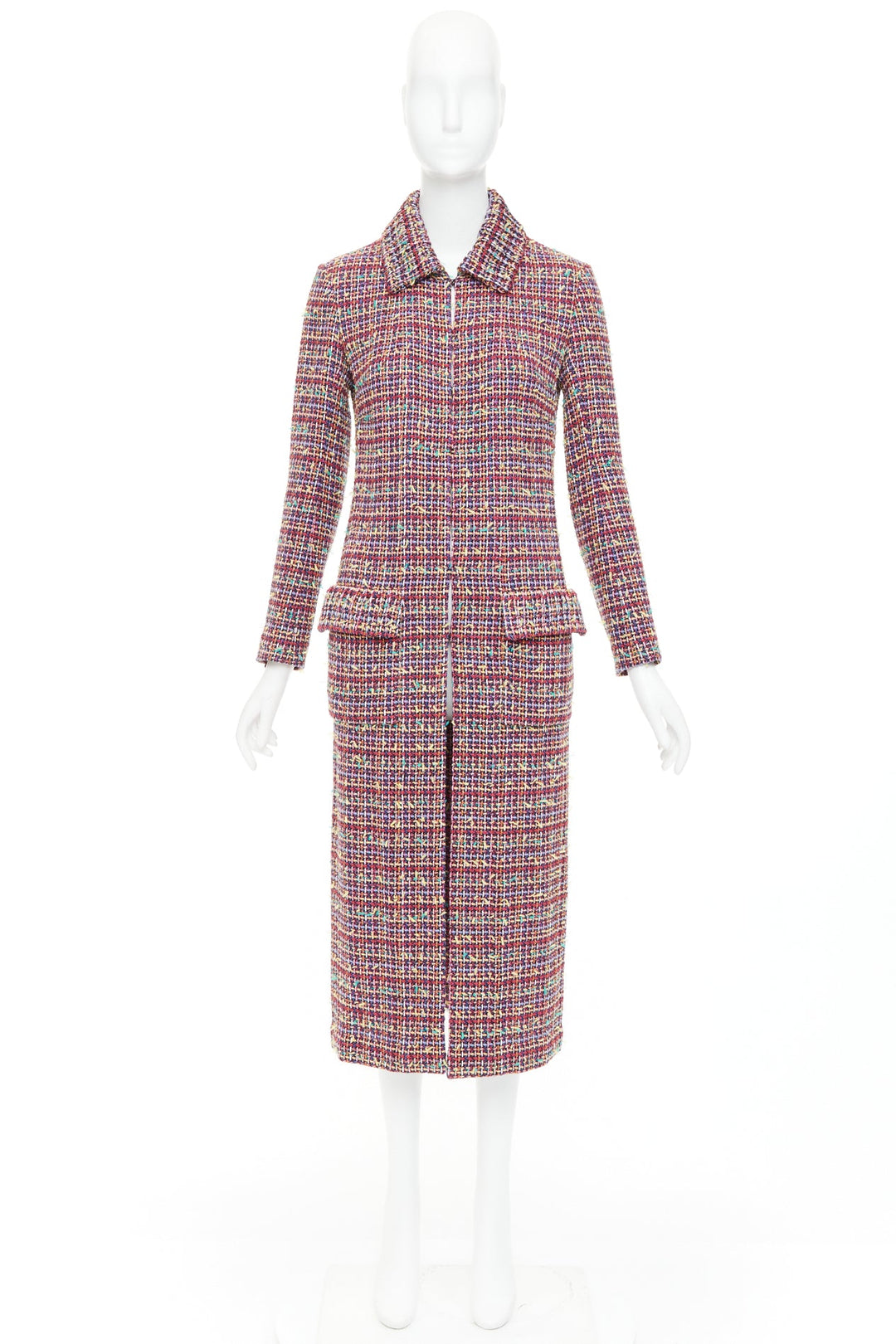 CHANEL 23A Runway multicolor wool blend tweed flap pockets long coat FR36 S