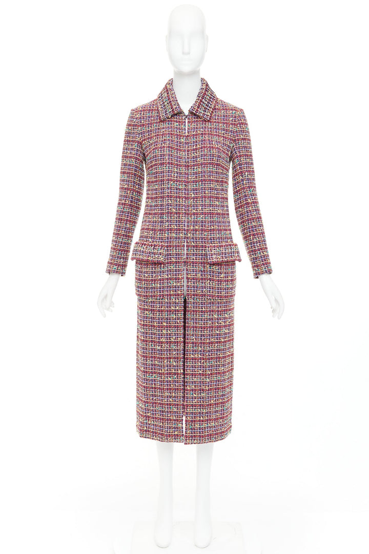 CHANEL 23A Runway multicolor wool blend tweed flap pockets long coat FR36 S