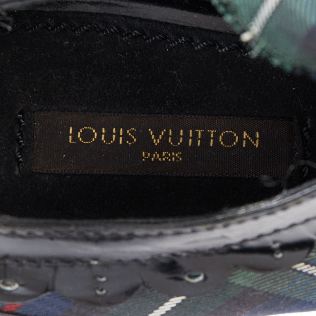 LOUIS VUITTON 2004 Runway green tartan black patent lace up heels pumps EU38.5