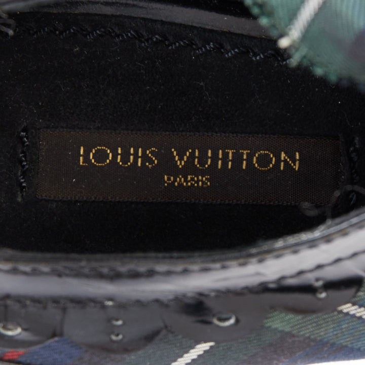 LOUIS VUITTON 2004 Runway green tartan black patent lace up heels pumps EU38.5