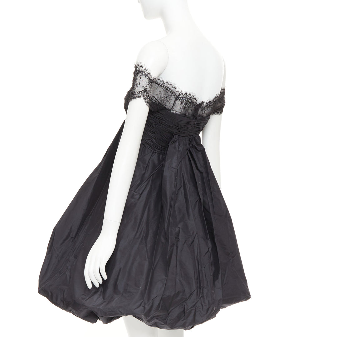 OSCAR DE LA RENTA Vintage black lace trim ruched bow cocktail bubble dress US2 S