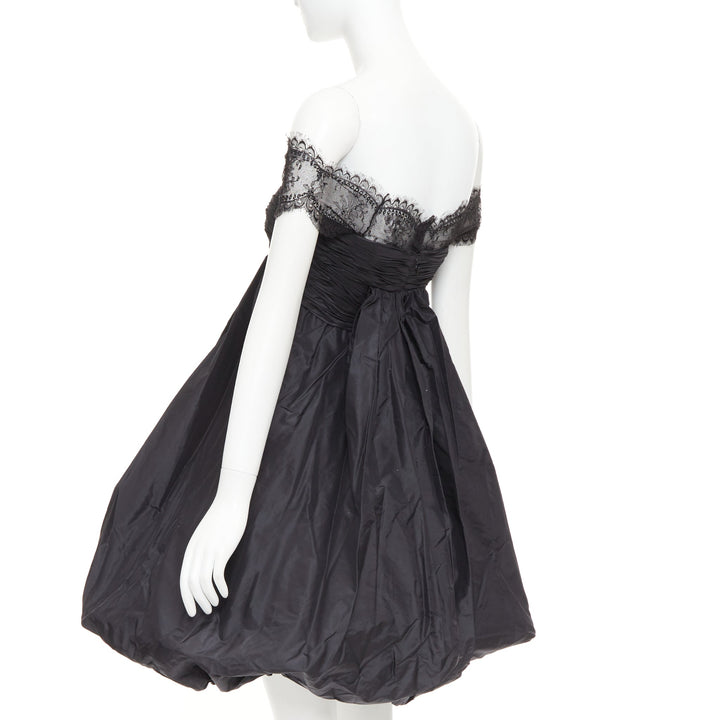 OSCAR DE LA RENTA Vintage black lace trim ruched bow cocktail bubble dress US2 S