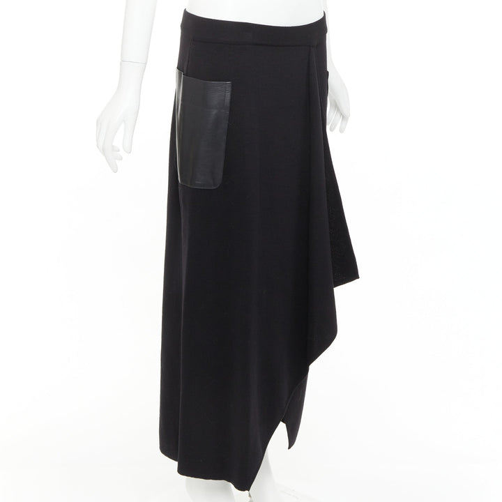 MAX MARA black leather patch pocket drape front mid waist midi skirt