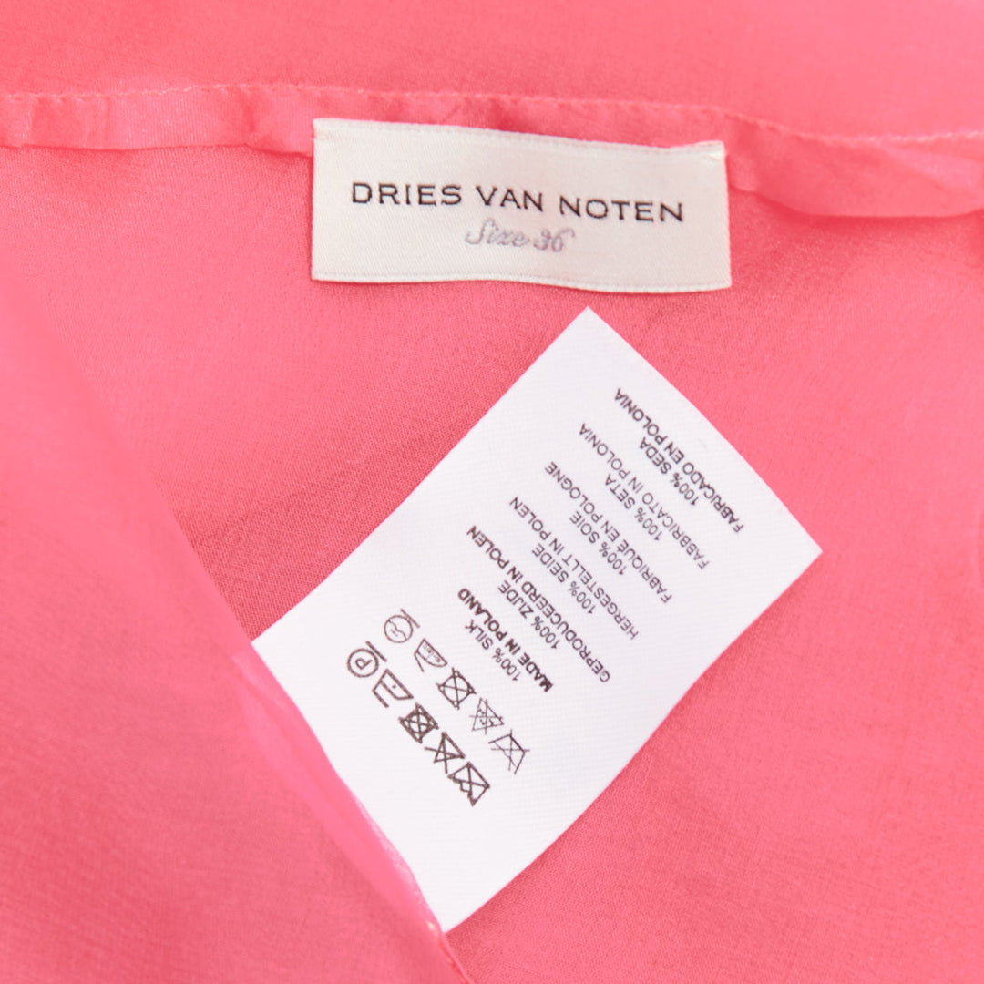 DRIES VAN NOTEN 100% silk pink crew neck tie back long sheer top FR36 S