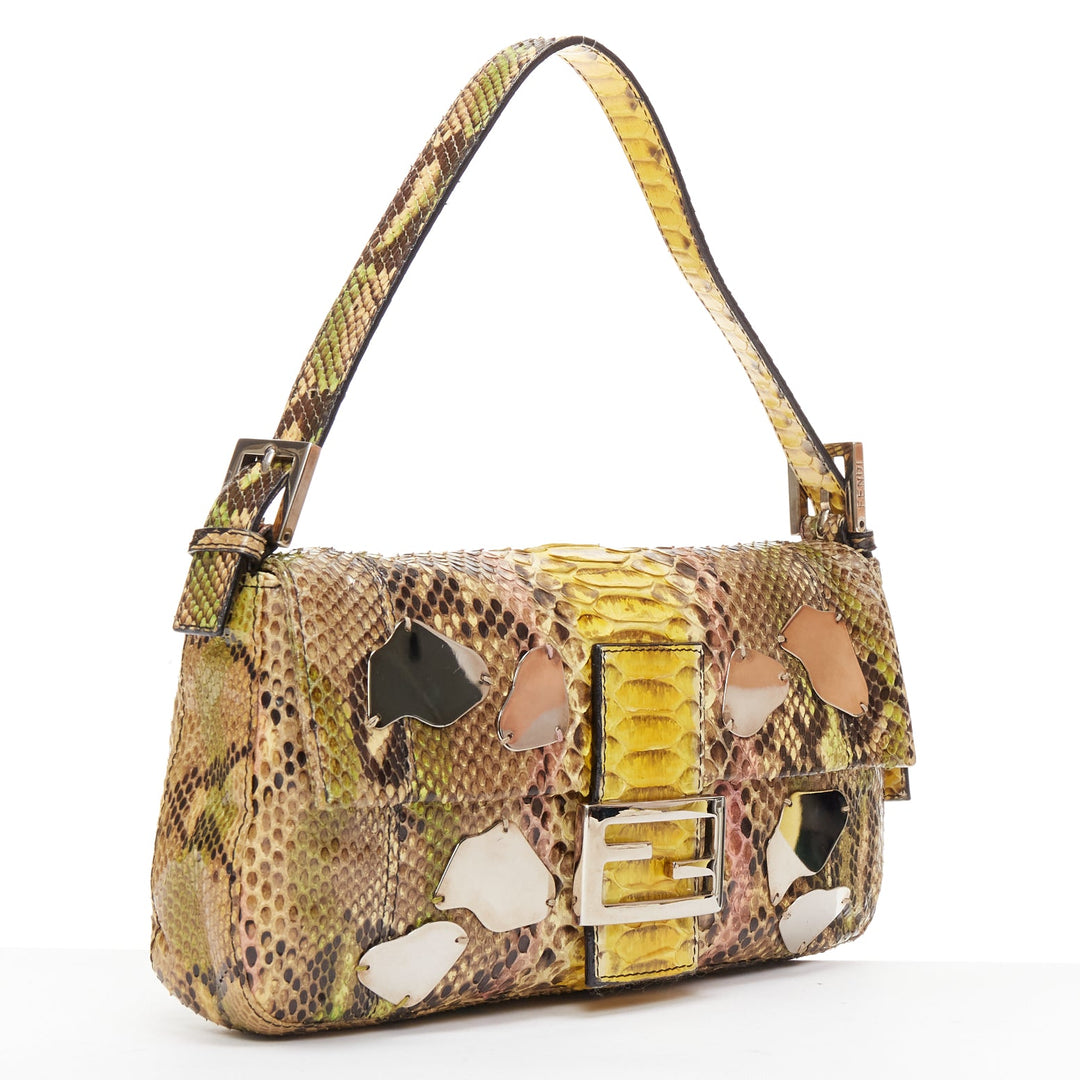 FENDI Baguette yellow ombre scaled leather mirror bead FF logo shoulder bag