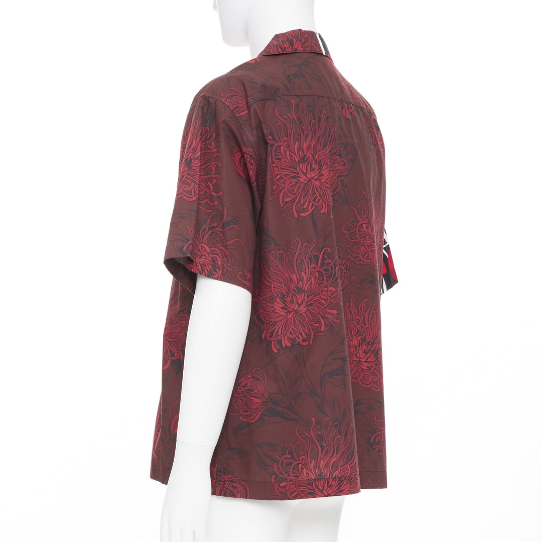 PRADA 2021 Runway Double Match red iris burgundy floral split bowling shirt L