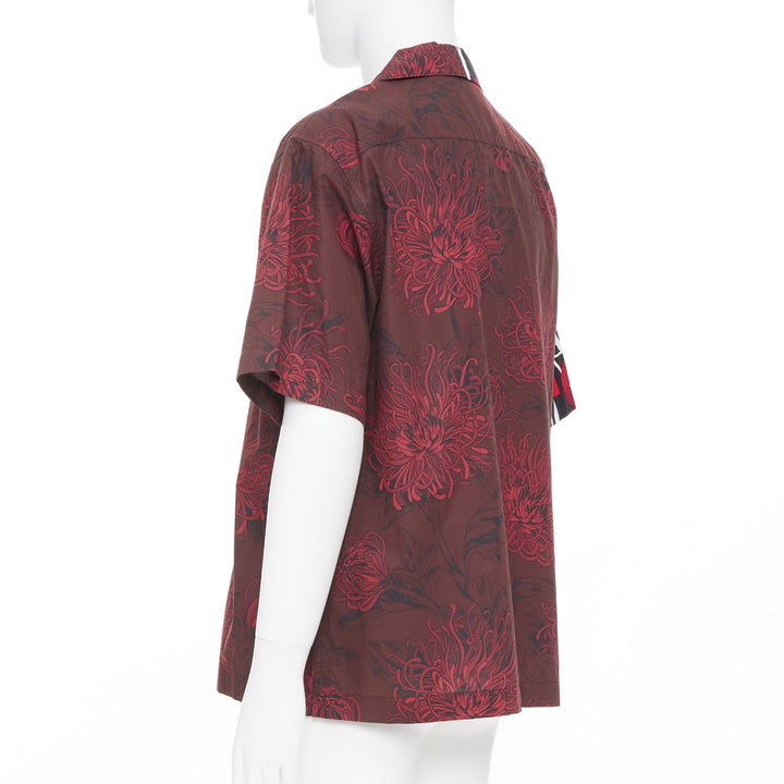 PRADA 2021 Runway Double Match red iris burgundy floral split bowling shirt L