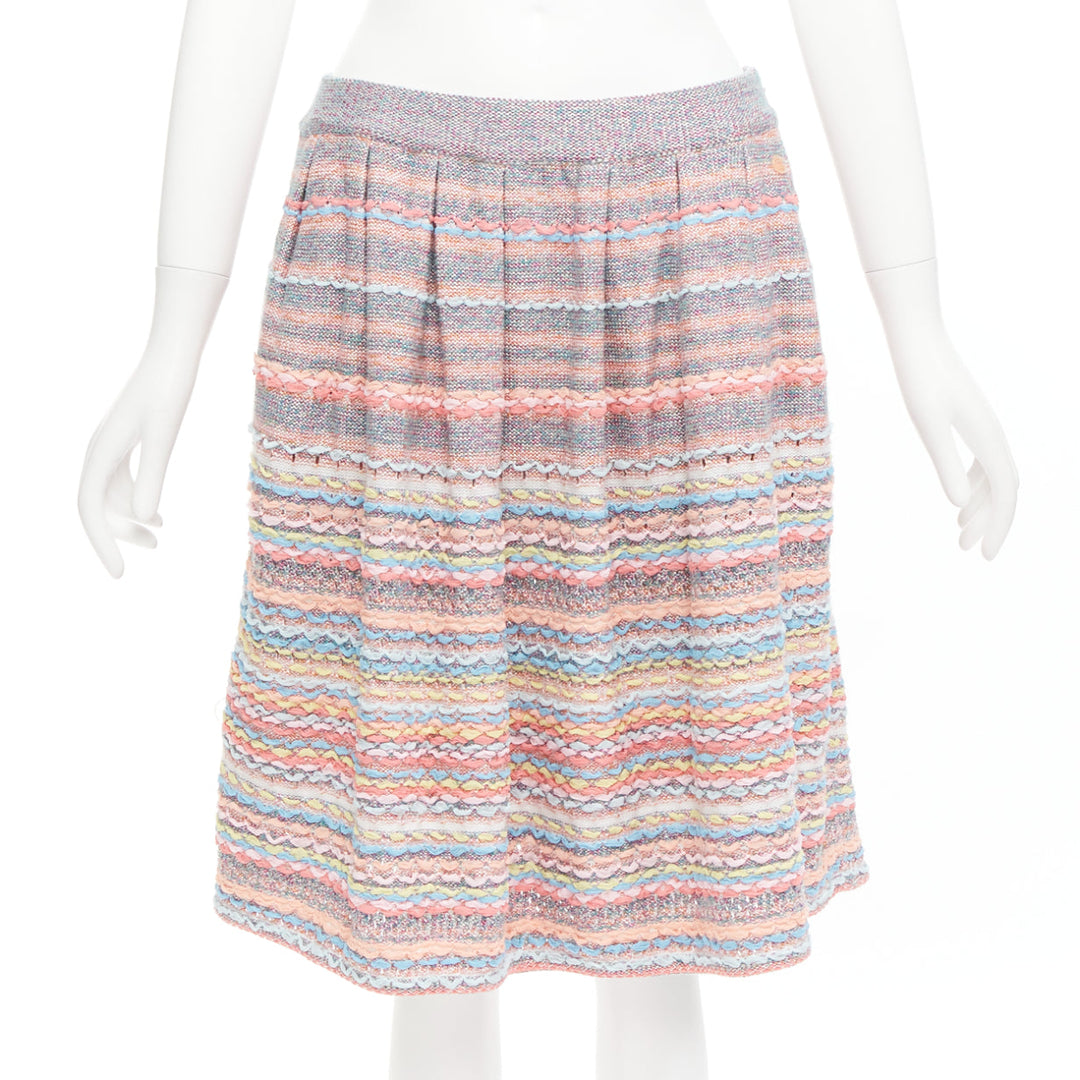 CHANEL 18P rainbow silk cotton cashmere ribbon tweed knee length skirt FR40 L