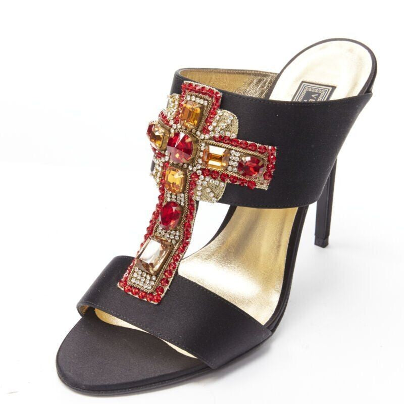 VERSACE 2018 Tribute Byzantine Cross Jewel crystal black satin sandals EU38