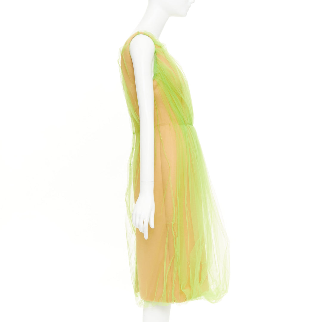 PRADA 2018 Runway neon green Technical Tulle Overlay V-Neck Bubble Dress IT42 M
