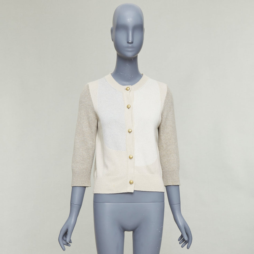 CHANEL 100% cashmere beige cream colorblocked CC buttons cardigan FR36 S