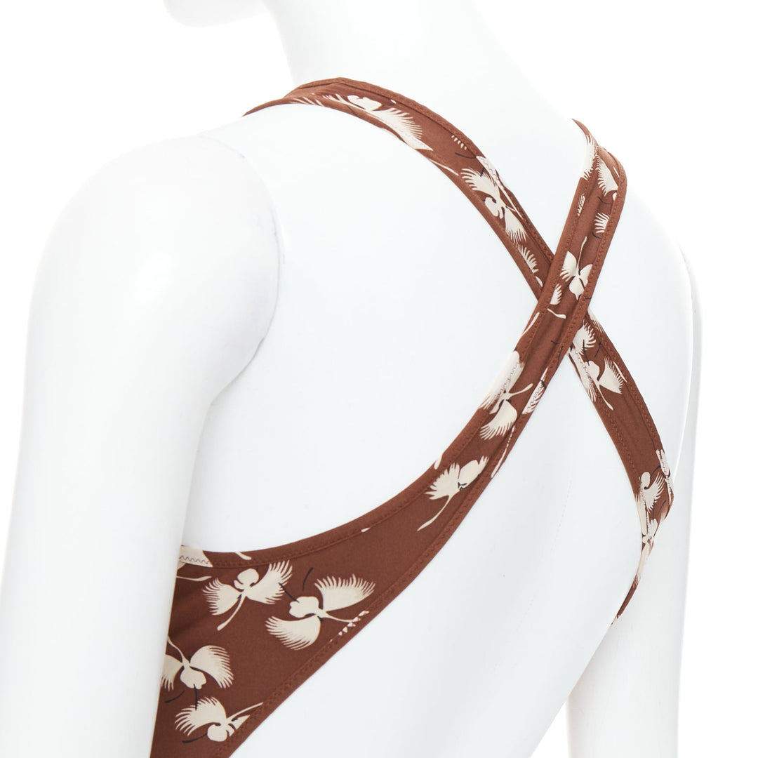 GUCCI Vintage brown cream floral print belted one piece swimsuit