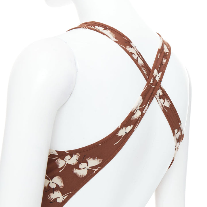 GUCCI Vintage brown cream floral print belted one piece swimsuit