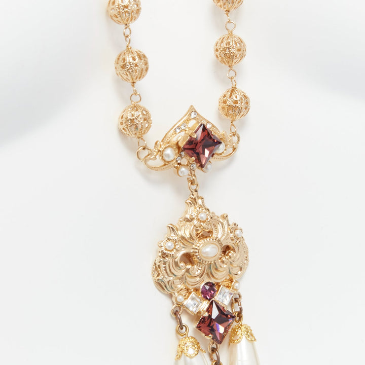 rare DOLCE GABBANA gold tone sapphire rhinestone pearl pendent filigree necklace