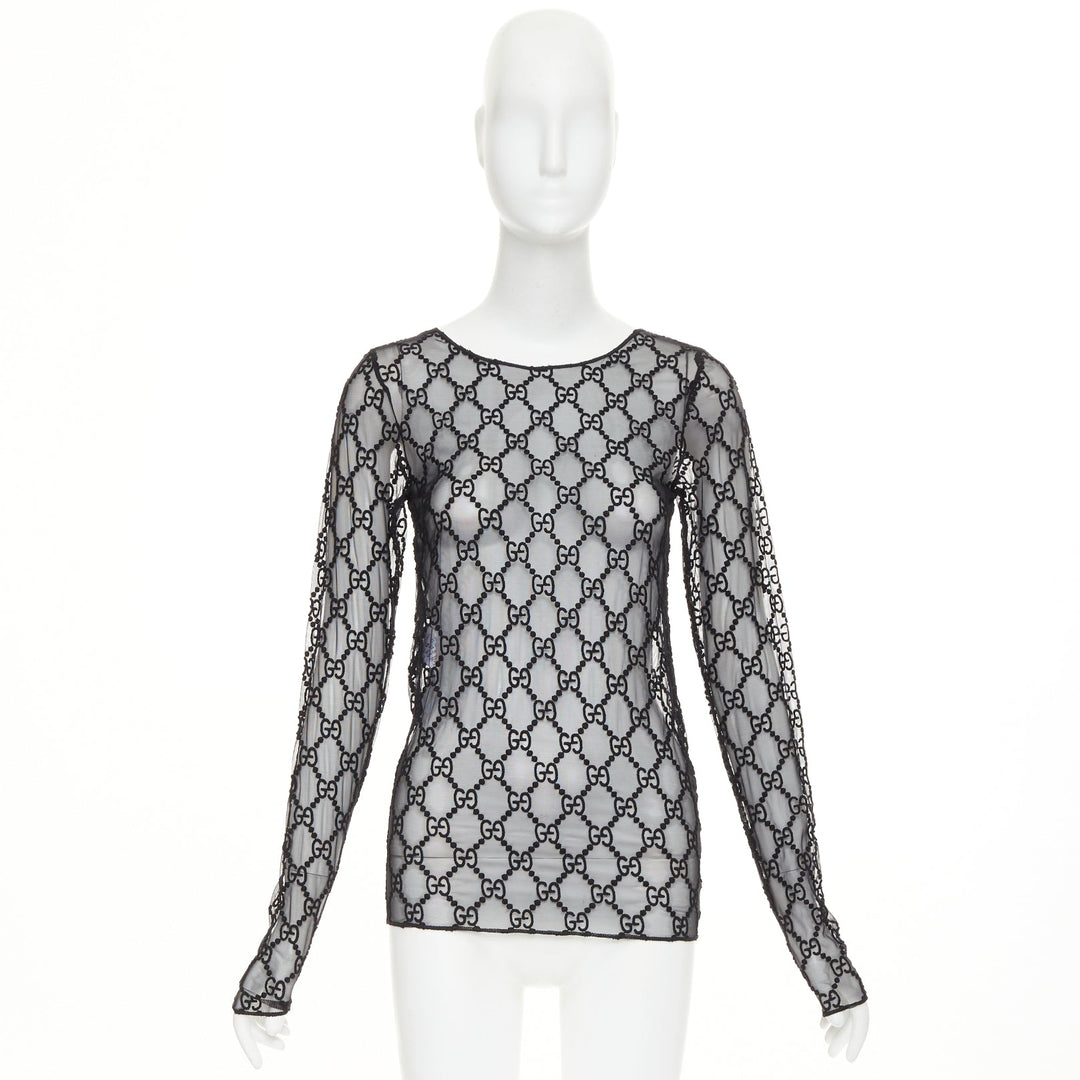 GUCCI 2019 black sheer monogram GG embroidered tulle long sleeve top XXS