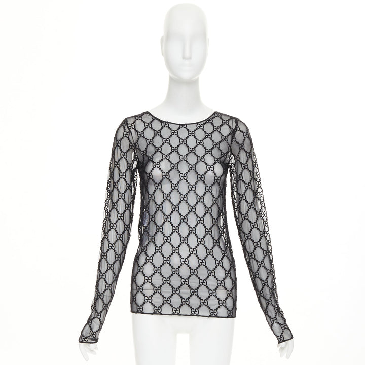 GUCCI 2019 black sheer monogram GG embroidered tulle long sleeve top XXS