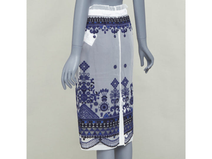 SACAI 2017 white navy blue sheer ethnic embroidery paperbag midi skirt JP1 S