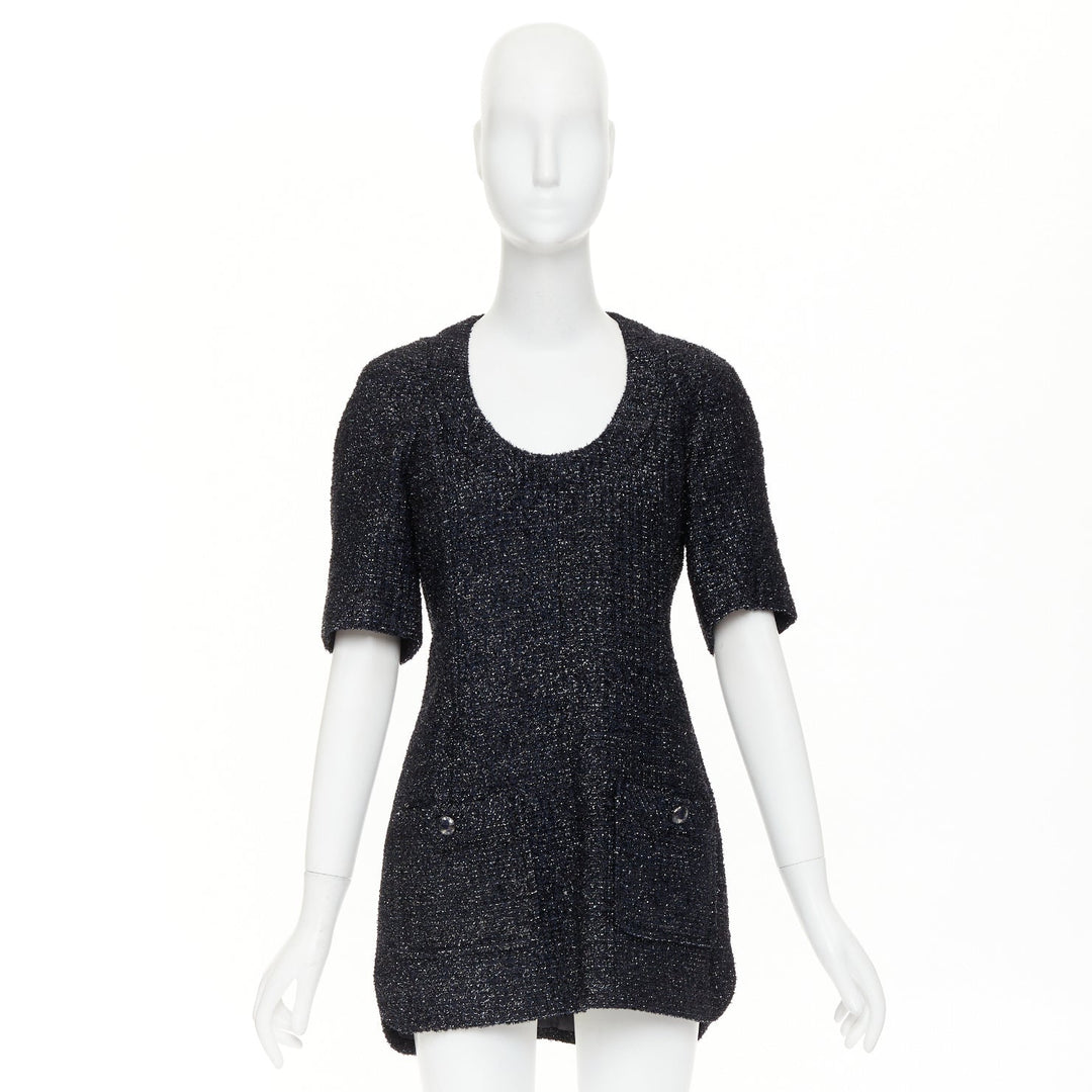 CHANEL 2013 shimmery lurex metallic knit scoop neck pocket shift dress FR40 M