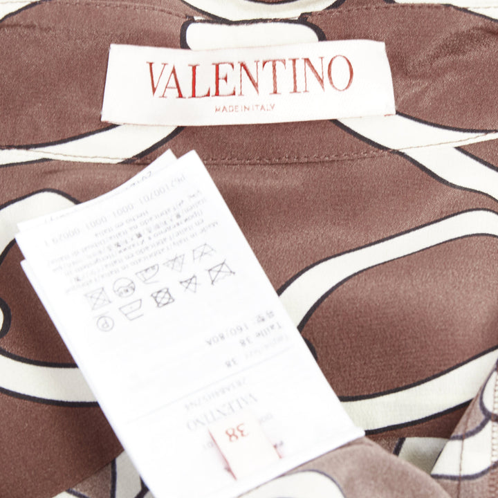 VALENTINO Chain 1967 brown cream crepe de chine silk tie neck blouse IT38 XS