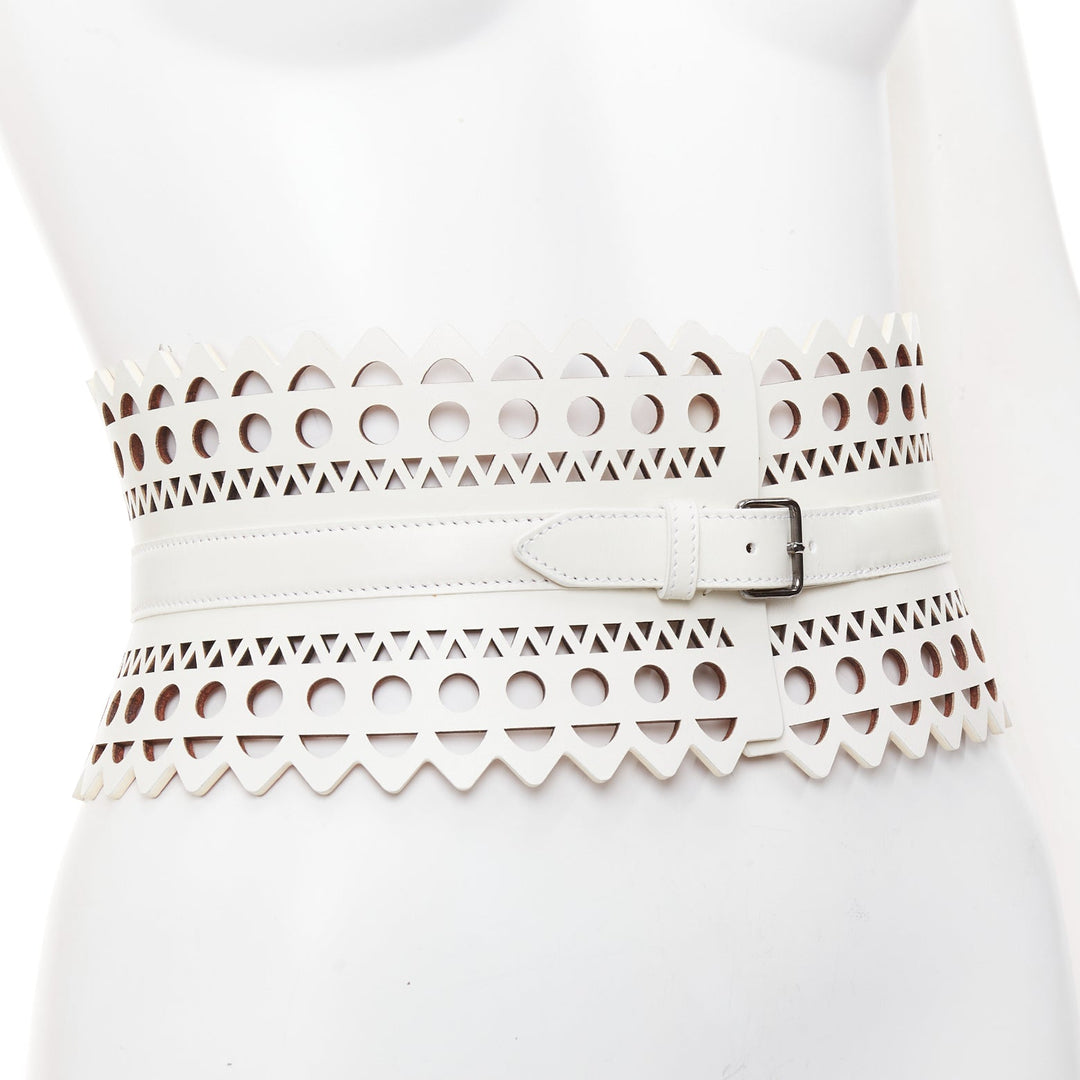 ALAIA white leather geometric cut out scallop edge wide corset belt 65cm