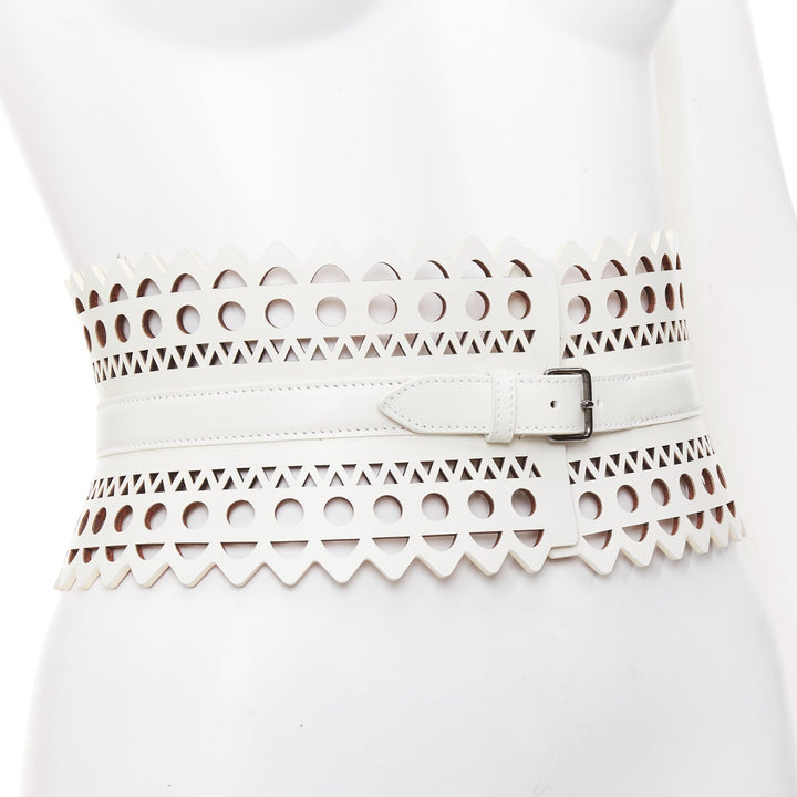 ALAIA white leather geometric cut out scallop edge wide corset belt 65cm