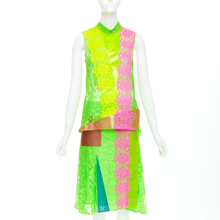 CHRISTOPHER KANE 2016 Runway neon green pink PVC lace skirt set UK8 S