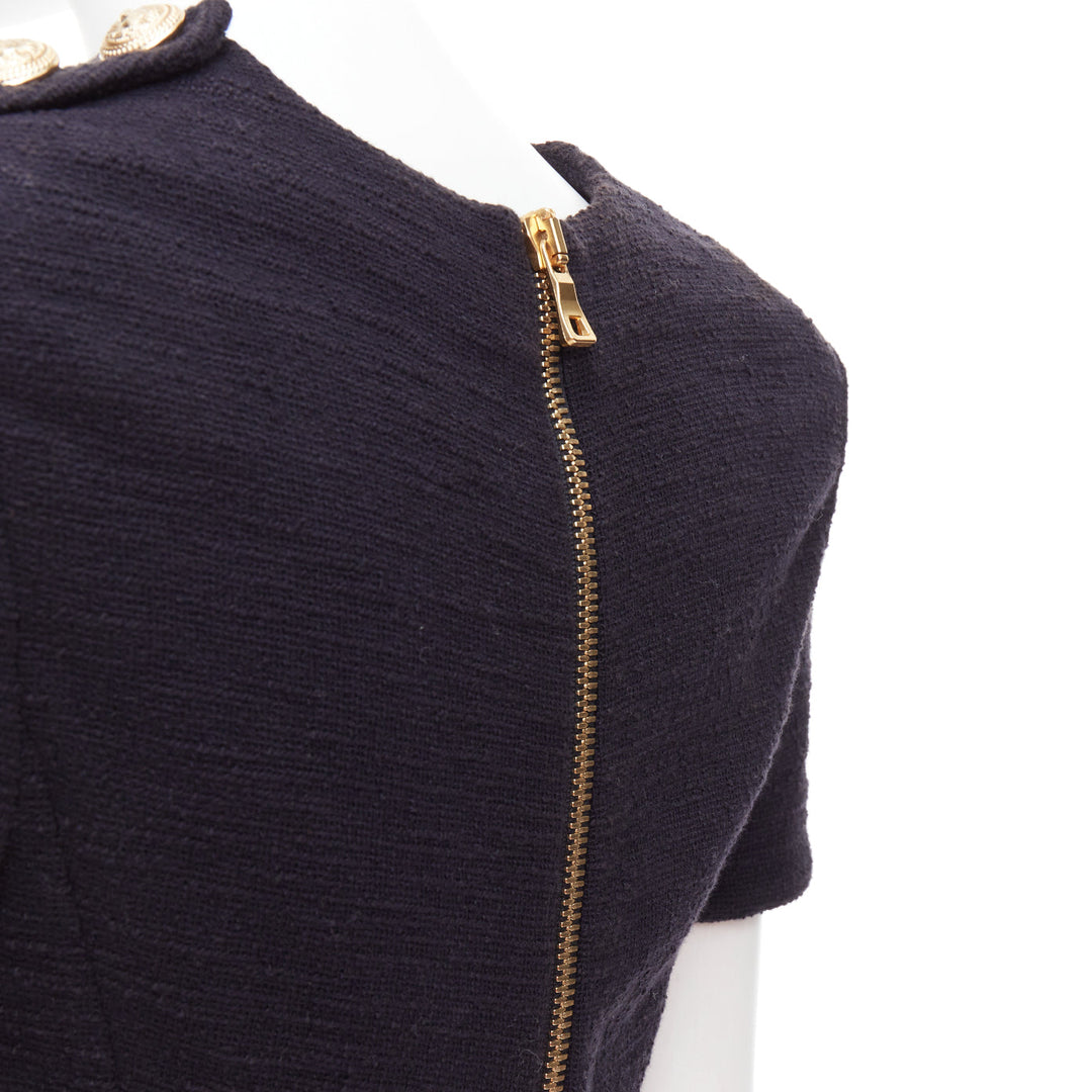 BALMAIN black cotton tweed gold Lionhead button zip back top FR38 M