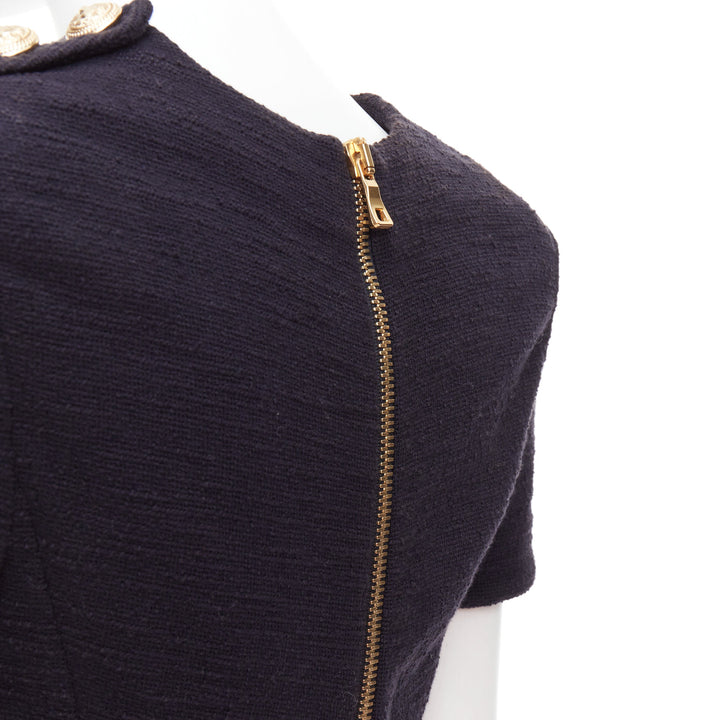 BALMAIN black cotton tweed gold Lionhead button zip back top FR38 M