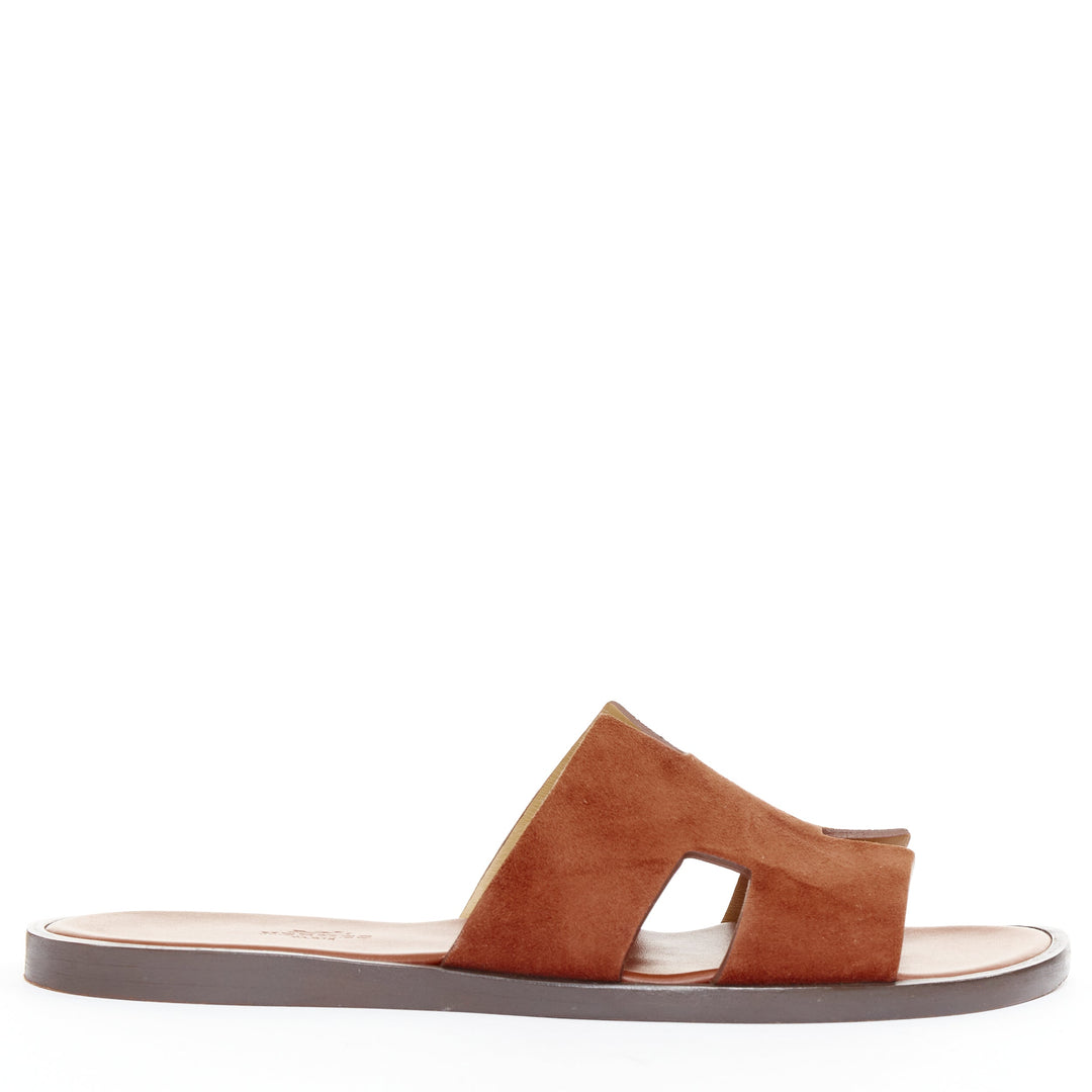 HERMES Izmir brown suede goatskin leather H cut out flat sandals EU41