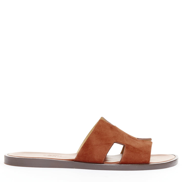 HERMES Izmir brown suede goatskin leather H cut out flat sandals EU41
