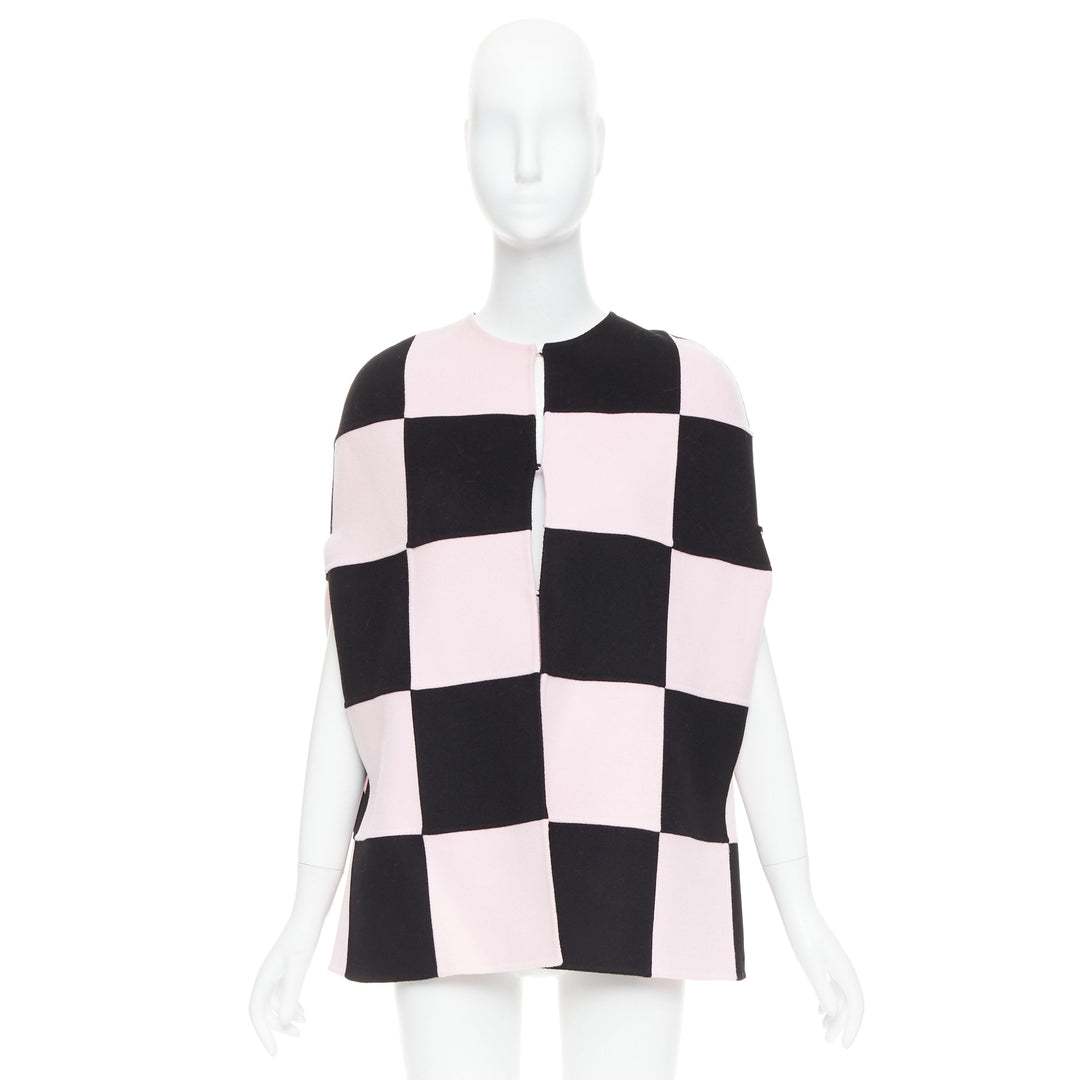 VALENTINO 2023 black pink checkered wool cashmere cape coat IT36 XXS