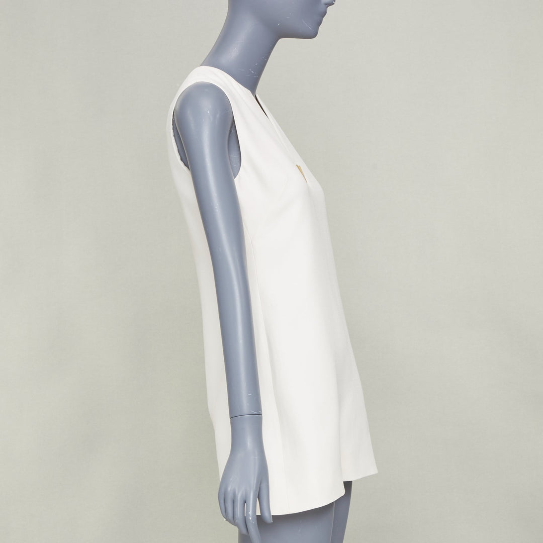 VALENTINO 2023 ivory wool silk crepe VGOLD logo metal plate neck dress IT38 XS