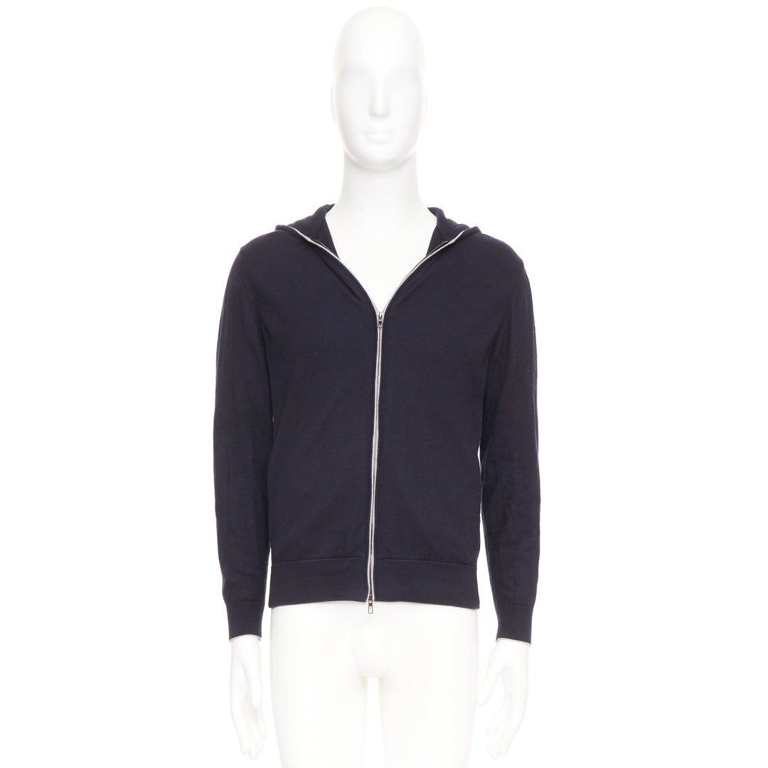 LORO PIANA navy cotton cashmere knit silver zip front hooded sweater hoodie M