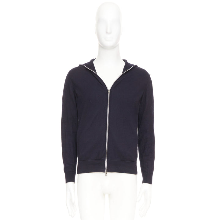 LORO PIANA navy cotton cashmere knit silver zip front hooded sweater hoodie M