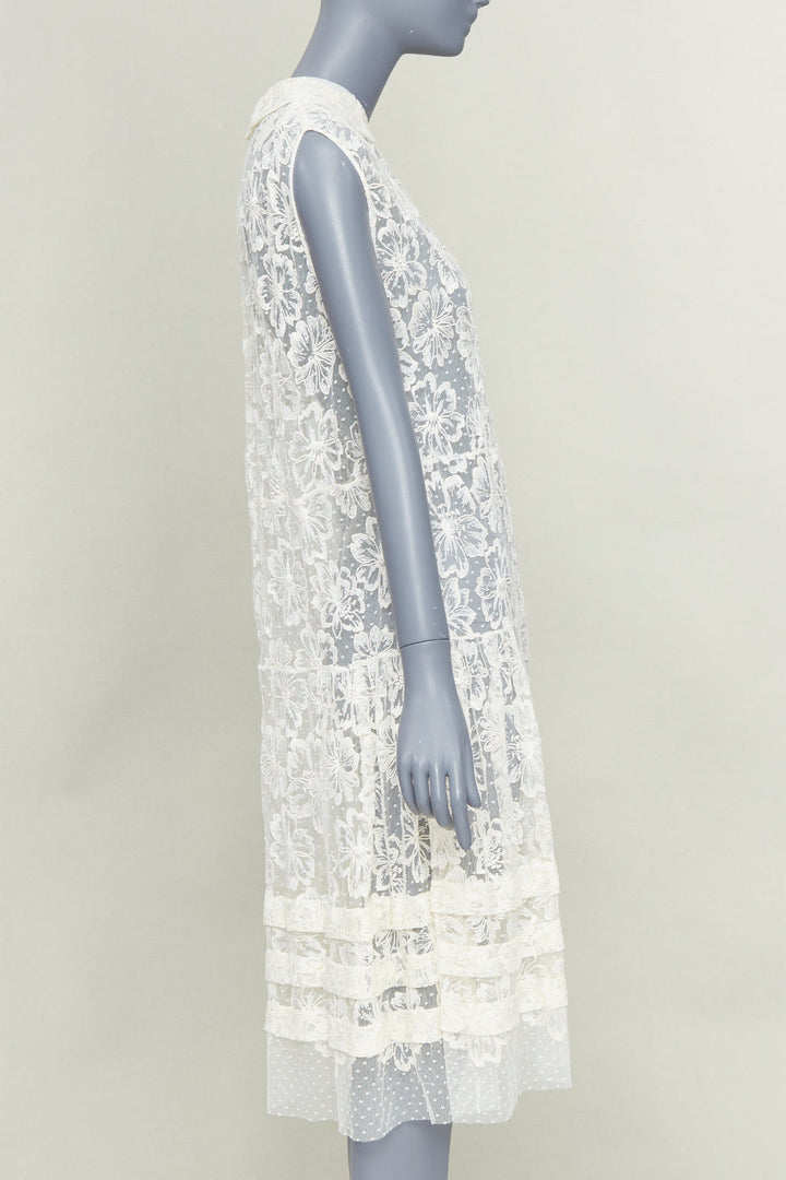 MIU MIU Vintage cream white floral lace polka dot mesh sheer midi dress IT40 S
