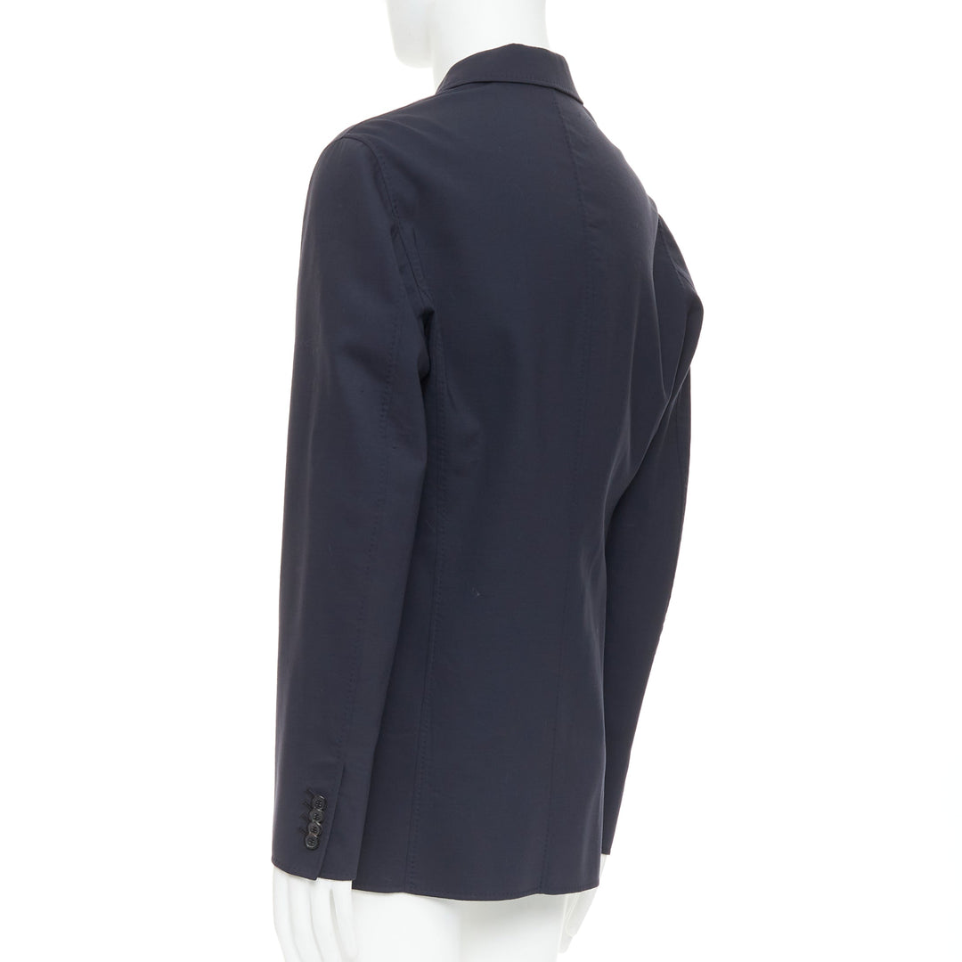 RAF SIMONS black virgin wool off centre buttons patch pocket long blazer IT48 M