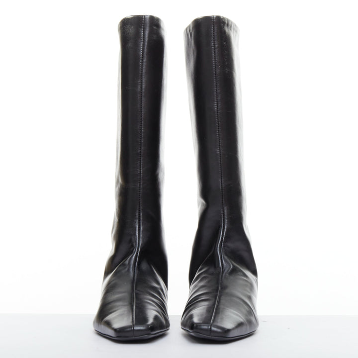 THE ROW Bette black leather square toes knee high flat boots EU37.5