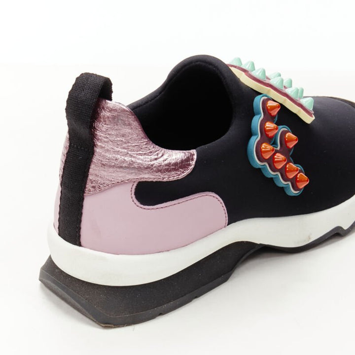 Female mannequin wearing Fendi Fun Fair Black Neoprene Women Sneakers in Size EU36 | Available at JHROP